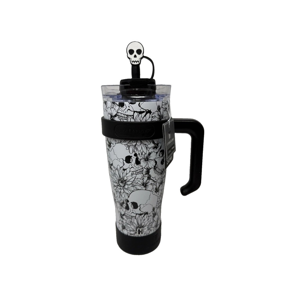 Hydraflow Tumbler 40 oz W Black & White Skull Decor Vacuum Insulated Limited Edt